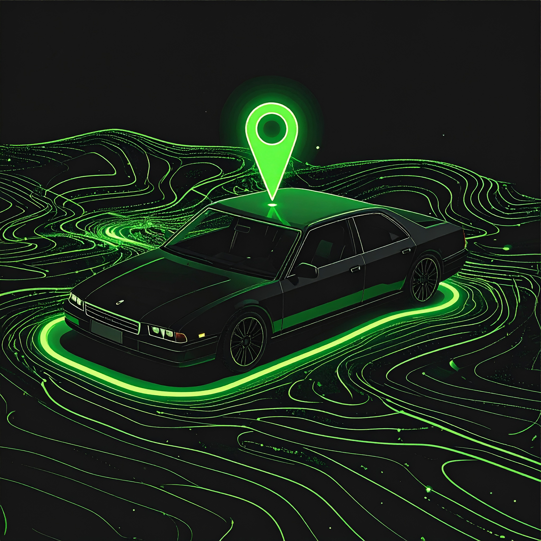 Firefly_um carro sedan preto com uma agulha de gps verde em cima dele sobre um fundo preto c 667649